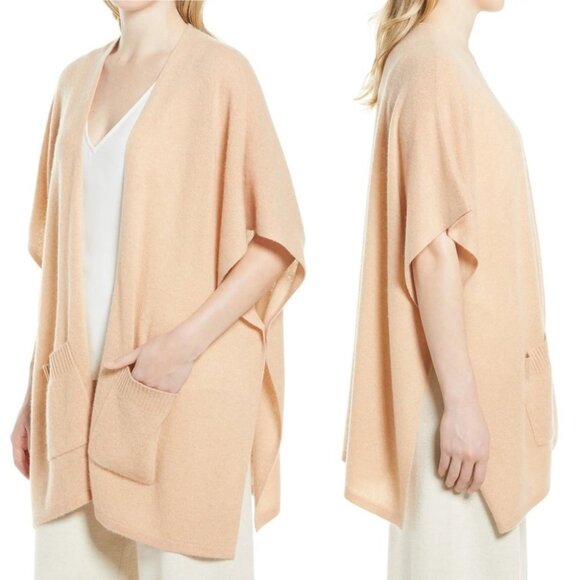 NEW Nordstrom 100% Cashmere Ruana Beige Tan Open Front Cardigan Pockets Minimal - Picture 13 of 13
